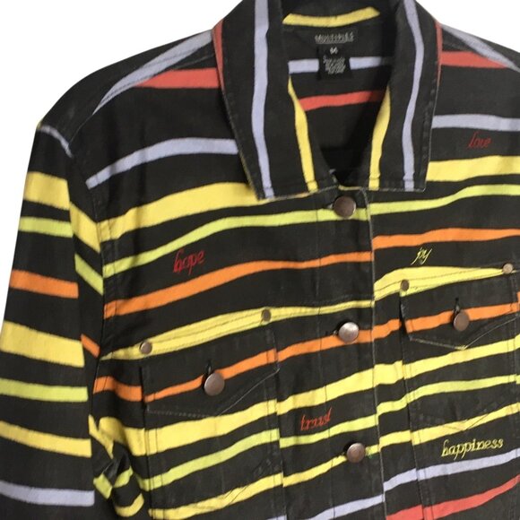 Unique Denim Jacket Womens Medium Black Multicolor Striped Embroidered Happiness - Picture 10 of 16